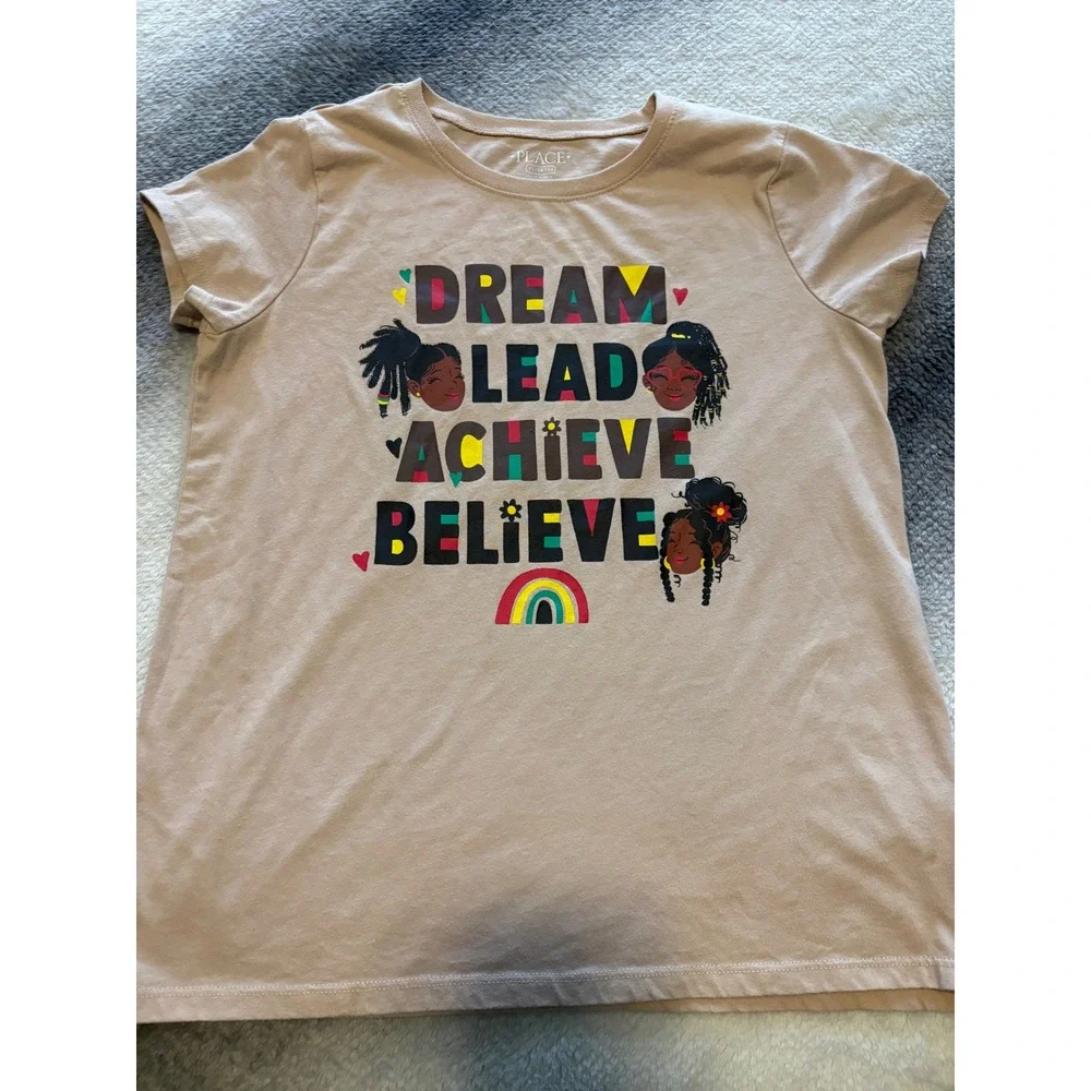 (A4) The Childrens Place Girls XL 14 Dream Lead Achieve Believe Graphic Tee Tan